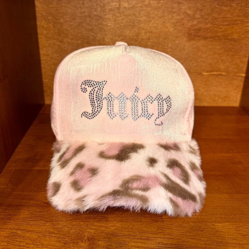 Juicy Couture Pink Velvet Faux Fur Leopard Print Cap with Rhinestone Bling Logo